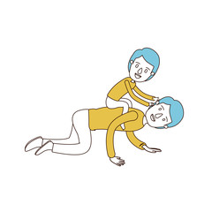 caricature color sections and blue hair of father with boy playing the horse on his back vector illustration