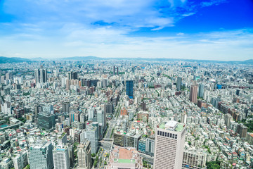 Fototapeta na wymiar Asia Business concept for real estate and corporate construction - panoramic modern cityscape building bird eye aerial view under sunrise and morning blue bright sky, shot in Taipei 101, Taiwan