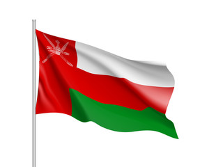 Waving flag of Sultanate of Oman. Illustration of Asian country flag on flagpole. Vector 3d icon isolated on white background