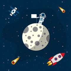 Moon in the background of an open space. An astronaut with flag on the surface of the moon. Vector illustration in a flat style © vpif