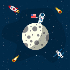 Moon in the background of an open space. An astronaut with an American flag on the surface of the moon. Vector illustration in a flat style
