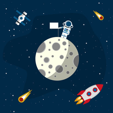 Moon in the background of an open space. An astronaut with flag on the surface of the moon. Vector illustration in a flat style