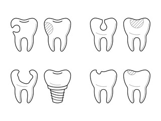 Icons of tooth before and after treatment, reconstruction or prosthetic in thin line style. Sick and healthy enamel of teeth. Dental problems. Vector outline simple illustrations isolated on white