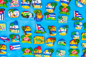 Magnetic board with souvenir magnets of Havana and Cayo Largo island at local market.
