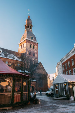 Christmas Market On The Dome Square With Riga Dome Cathedral In 