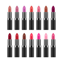 Obraz premium Lipstick collection in different vivid colors, open, wide range of shades, poster for cosmetics catalogue, beauty and wellness concept, isolated on white background realistic vector illustration