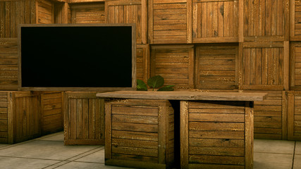 3D Rendering of wooden box virtual studio.