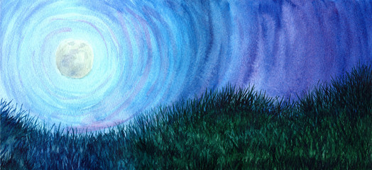 Full moon at night in watercolor. Green meadows with grass.