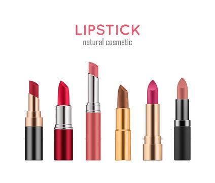 Realistic lipsticks of red, wine, pink and brown colors. Decorative cosmetic product for beauty and glossy lips. Blank template of containers. Vector illustration isolated on white