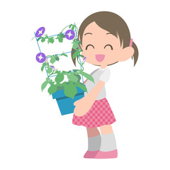 笑顔で朝顔を抱える女の子