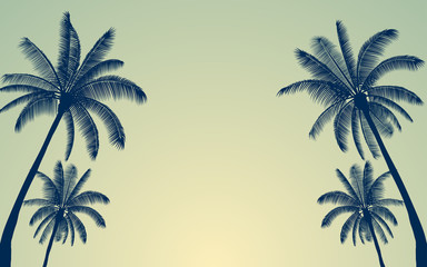 Silhouette palm tree and sunset sky in flat icon design with vintage filter background