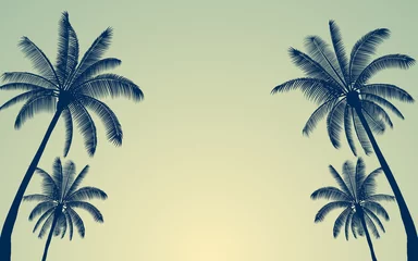 Poster Silhouette palm tree and sunset sky in flat icon design with vintage filter background © iamchamp
