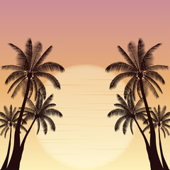 Naklejka premium Silhouette palm tree and sunset sky in flat icon design with vintage filter background