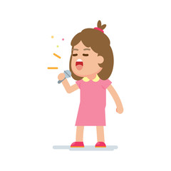 Happy cute girl sing a song, vector cartoon illustration.