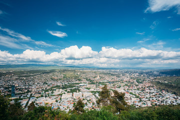 Tbilisi Georgia. Aerial Panoramic View Of City With Famous Landmark