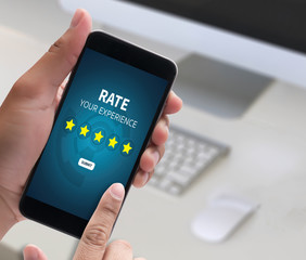 Businessman holding five star rating  Review increase rating or ranking, evaluation and...