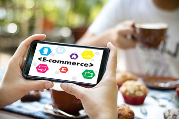 Business people use Technology E-commerce Internet Global Marketing Purchasing Plan and Bank Concept