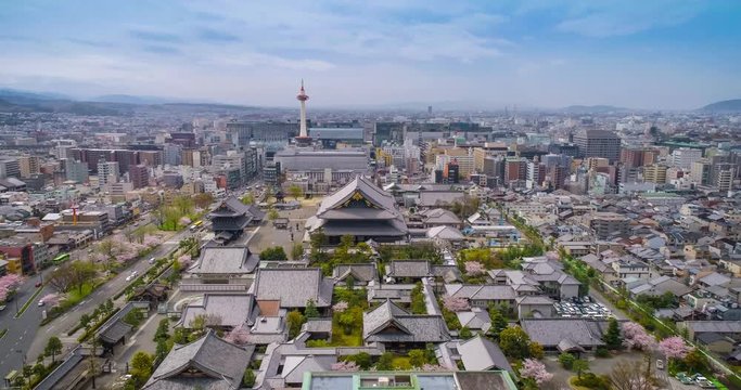 Kyoto skyline with Kyoto Tower and Buddhist Temple. Aerial view