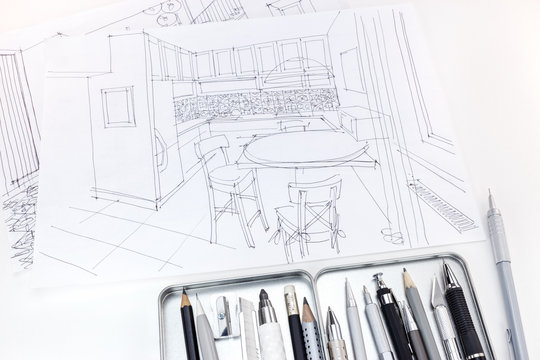 hand drawing sketch of modern kitchen interior with drawing tools