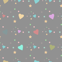 Seamless pattern with tiny hearts and dots in summer colors. Vector repeating texture.