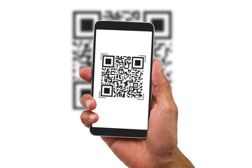 Man's hand holding smartphone scanning QR code on white background, business concept