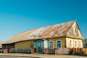 Old Russian Traditional Wooden House In Village Of Belarus Or Russia
