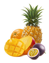 Tropical fruit mango, orange, pineapple, passionfruit isolated