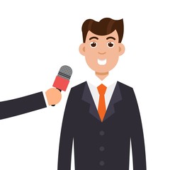 Interview or press conference a businessman. Journalism, breaking news, mass media concept. Vector illustration in flat style.