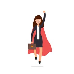 Superhero Businesswoman in red cloak. . Vector character illustration in flat style.