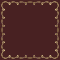 Classic vector square golden frame with arabesques and orient elements. Abstract ornament with place for text. Vintage pattern