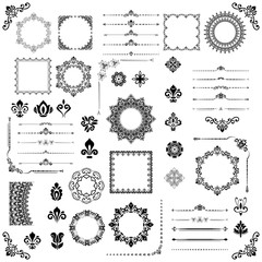 Vintage set of vector horizontal, square and round elements. Different elements for decoration design, frames, cards, menus, backgrounds and monograms. Classic patterns. Set of vintage black and white