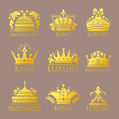 Crown king vintage premium golden badge heraldic ornament luxury kingdomsign vector illustration.