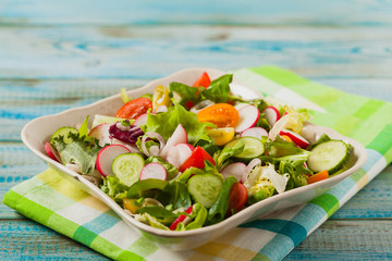 Fresh salad with radish, cucumber, colorful cherry tomatoes. Best for bbq.