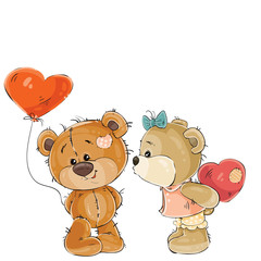 Vector illustration of a brown teddy bear holding in its paw a red balloon in the shape of a heart, his girlfriend is going to kiss him. Print, template, design element