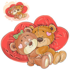 Obraz premium Vector illustration of a couple of brown teddy bears lying embracing on red heart shaped pillows. Print, template, design element