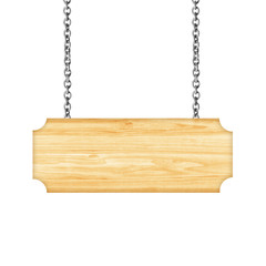 Wooden sign hanging on a chain isolated on white background
