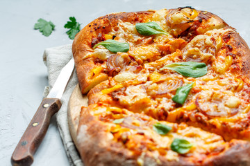 homemade Italian meat pie (pizza) with onions and cheese.