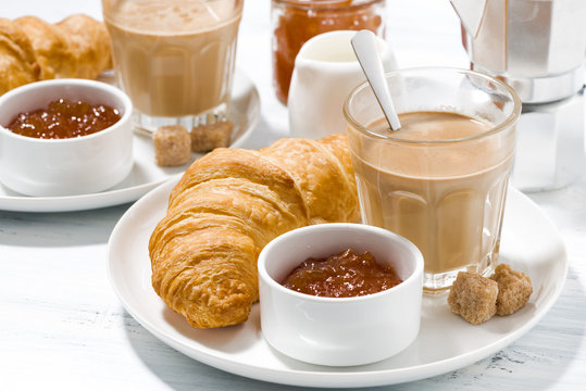 coffee with milk and croissants with jam for breakfast