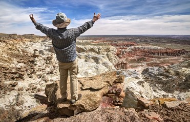 Hiker standing on mountaintop with arms outstretched, Grand Staircase-Escalante National Monument, Utah, America, USA