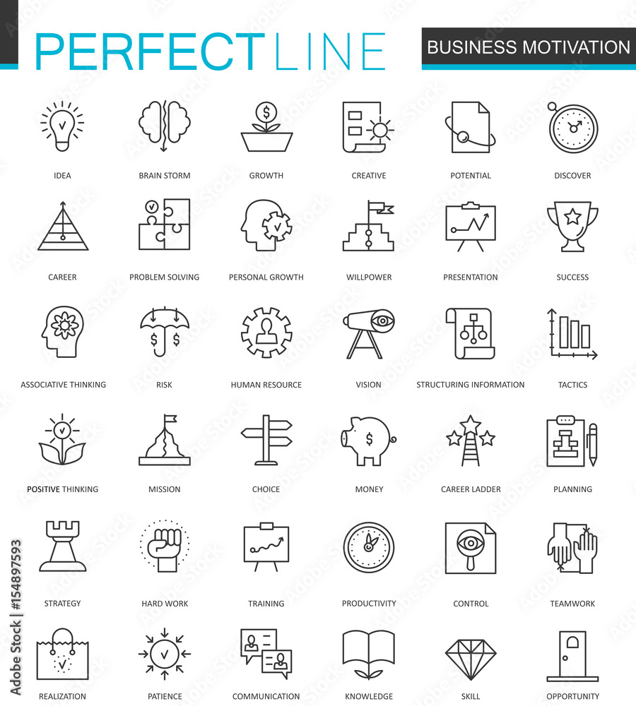 Poster business motivation thin line web icons set. brain productivity concentration outline stroke icon de