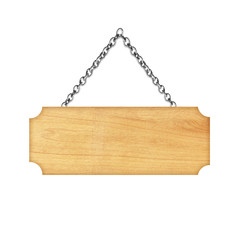 Wooden sign hanging on a chain isolated on white  background