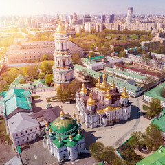 Panoramic view of Kiev Pechersk Lavra at spring. Aerial view. General view of the city and the Dnipro river.