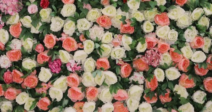 beautiful flower field yellow green white pink purple and red, lot of roses and Peonies stand in pots buckets, a Large Bouquet of Roses and Peonies