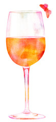 Glass of wine with butterfly, golden toned, on white