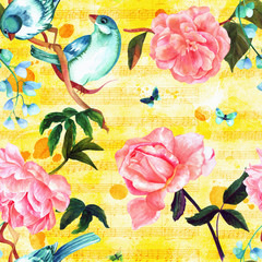 Seamless pattern with birds, flowers, and butterflies on golden notes