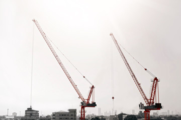 Large construction site including several cranes working on a building complex, with clear blue sky and the sun. Crane construction site / top view.