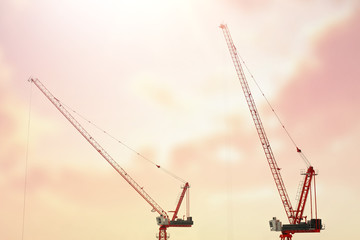Large construction site including several cranes working on a building complex, with clear blue sky and the sun. Crane construction site / top view.