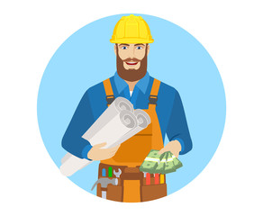 Worker holding the project plans and showing cash money