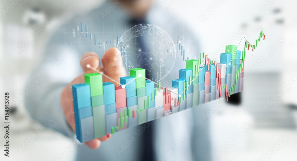 Poster businessman using digital 3d rendered stock exchange stats and charts