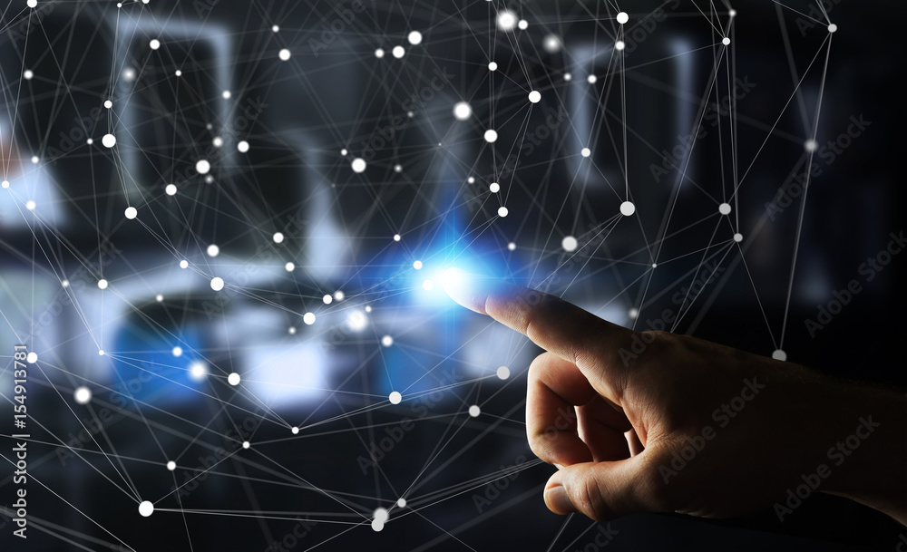 Fototapete Businessman using flying network connection interface 3D rendering